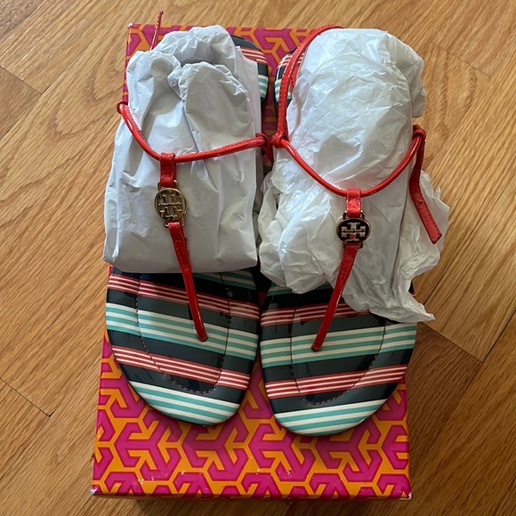 Tory Burch sandals. Habanero Pepper Bauer stripe. Emmy patent - Picture 1 of 4
